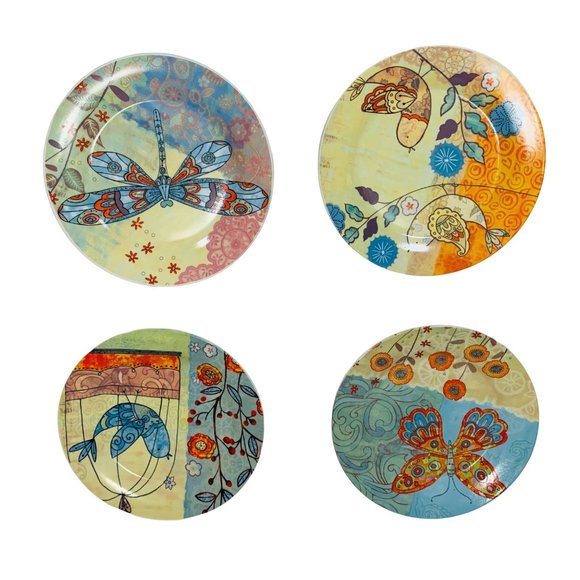 Tii Spring Luncheon Birds Butterfly Set of 4 Mugs Dessert Plates Brunch Boxed - Picture 7 of 14